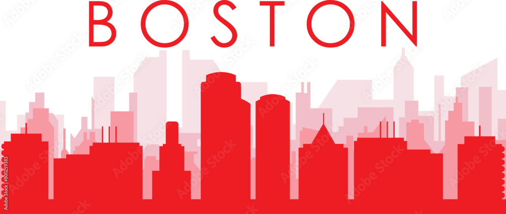 Red panoramic city skyline poster with reddish misty transparent background buildings of BOSTON, UNITED STATES