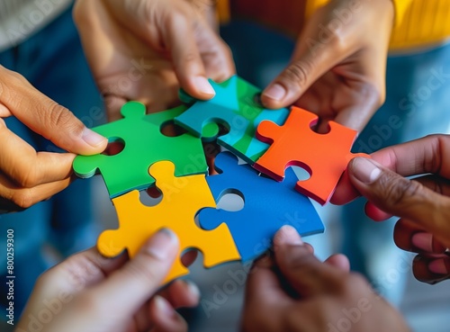 Simplistic stock photo of business people connecting puzzle pieces together, symbolizing collaboration and harmony in the office setting.