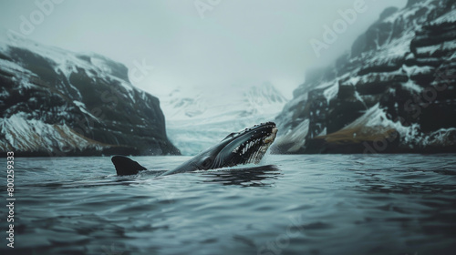 Majestic large whale diving in ice cold ocean waters. Wildlife. Marine life. Aquatic. Oceanic.