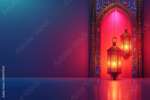 Beautifully lit Islamic lanterns hanging on the wall next to an intricately designed Arabic door  glowing in shades of red and blue lights