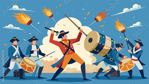 The pounding of drums and the boom of cannons fill the air as actors dressed as revolutionary soldiers engage in a simulated battle.. Vector illustration
