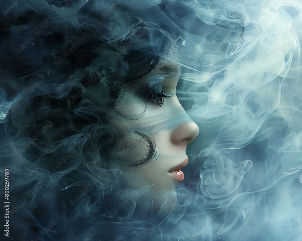 Delicate wisps of hair frame the womans face, blending seamlessly with the evershifting clouds around her