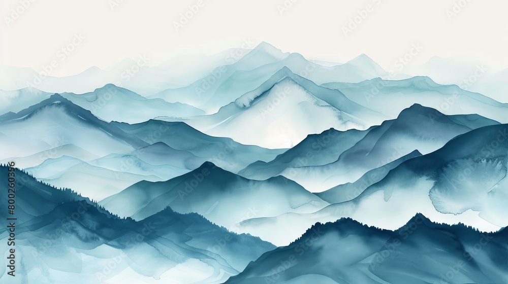 Calming watercolor scene of a mountain vista, layers of mountains fading into the distance, creating depth and a soothing perspective