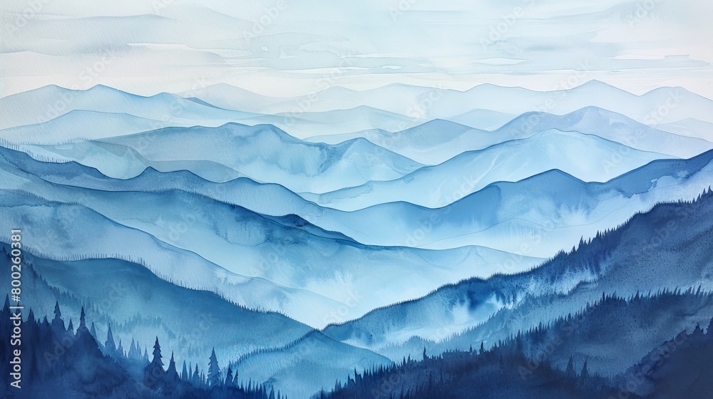 Fototapeta premium Calming watercolor scene of a mountain vista, layers of mountains fading into the distance, creating depth and a soothing perspective