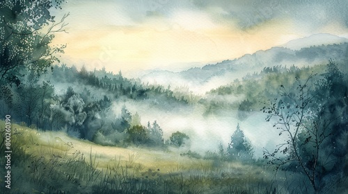 Captivating watercolor of a misty morning in a valley  the gentle mist and subtle colors promoting a calming effect