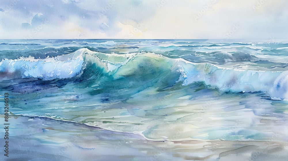 Obraz premium Artistic watercolor capturing the rhythmic waves at low tide, the soft ebb and flow painted in soothing shades of blue and aqua