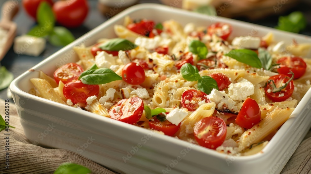 tasty pasta with tomatoes and feta cheese on the table generative ai tasty pasta with tomatoes and feta cheese on the table generative ai