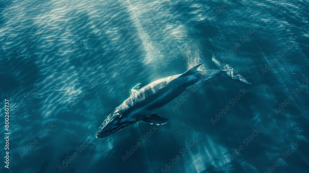 Fototapeta premium Majestic large whale swimming in open ocean waters. Wildlife. Marine life. Aquatic. Oceanic.