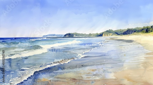 Artistic watercolor of a secluded beach, the rhythmic waves lapping at the sandy shore under a clear sky, conveying peace and tranquility