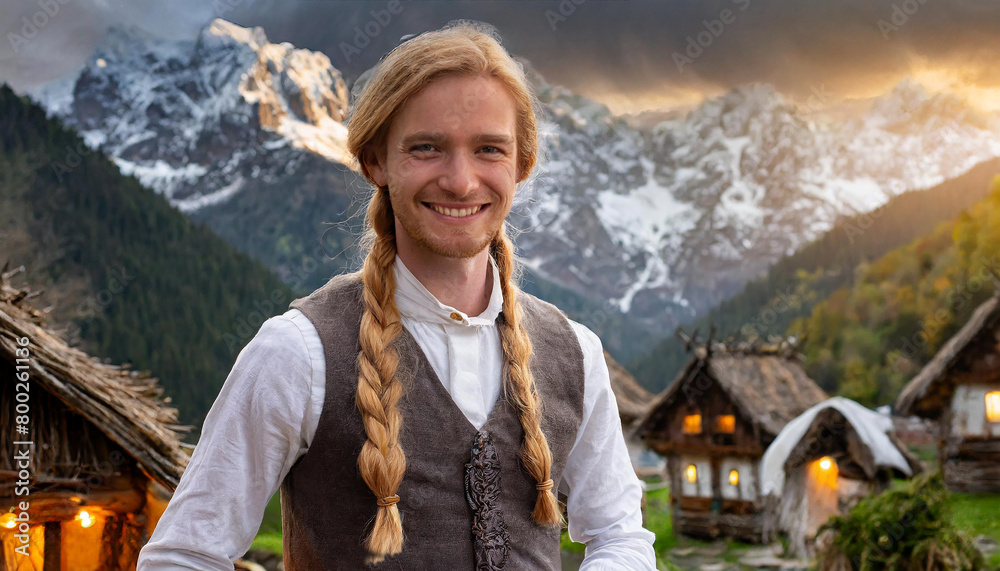 Naklejka premium Junge Mann mit Zöpfen in ihrer traditioneller Tracht in den Ländern des Balkans