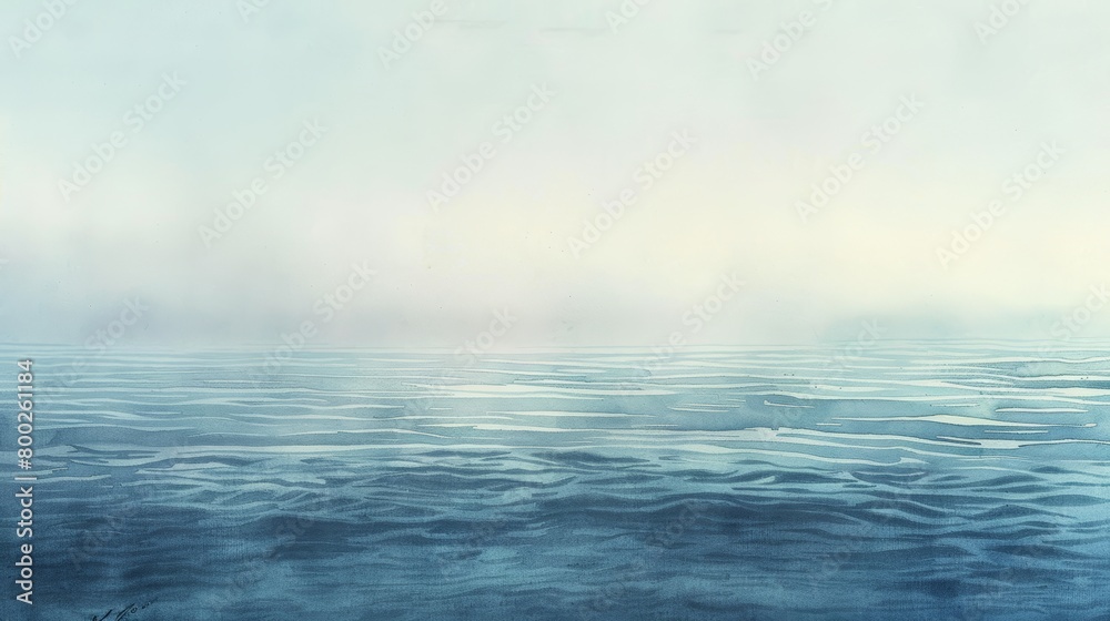 Obraz premium Atmospheric watercolor of a misty morning by the sea, the horizon barely visible through the fog, enhancing the feeling of calm