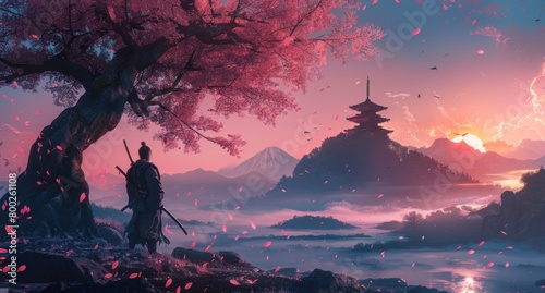 A samurai standing under_an ancient_cherry blossom