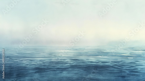 Atmospheric watercolor of a misty morning by the sea, the horizon barely visible through the fog, enhancing the feeling of calm photo