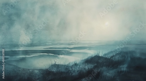 Atmospheric watercolor of a misty morning by the sea, the horizon barely visible through the fog, enhancing the feeling of calm