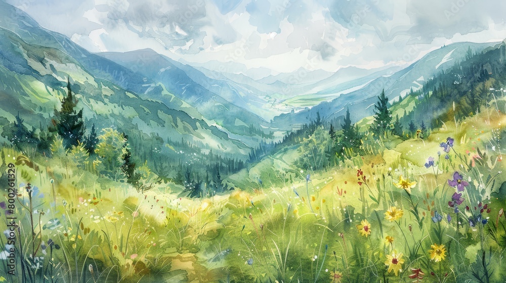 Fototapeta premium Broad watercolor view of a peaceful mountain valley in spring, with blooming flowers adding a touch of comfort and rejuvenation