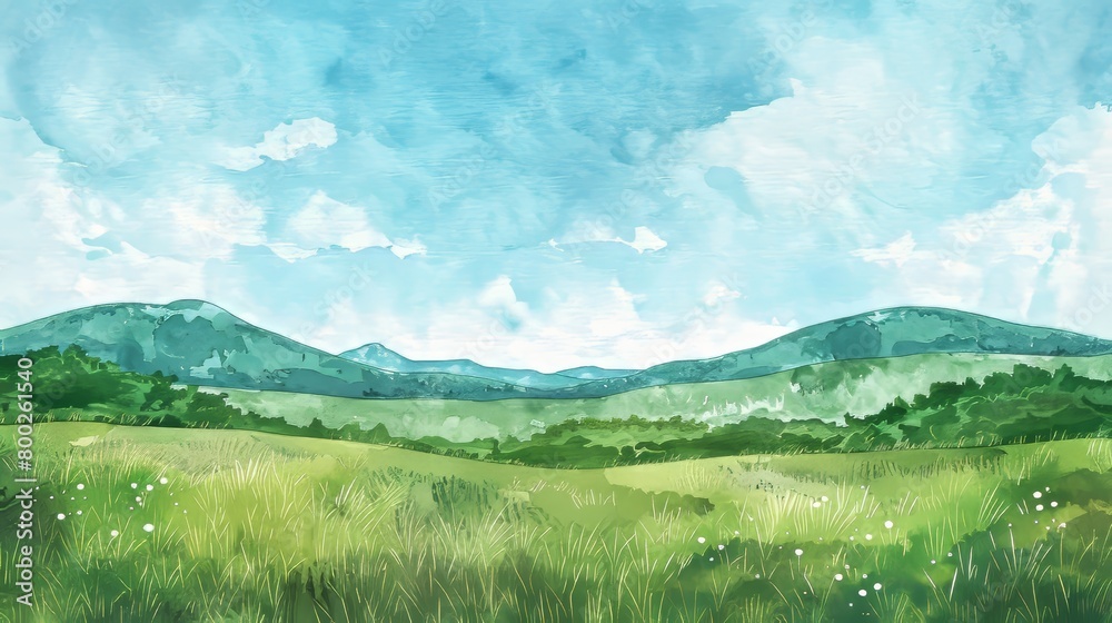 Calming watercolor landscape featuring a small brook winding through a quiet meadow, promoting a sense of gentle movement and tranquility
