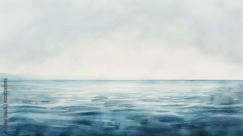 Obraz premium Calming watercolor of a distant horizon where the sky meets the sea, subtle shades of blue and grey evoking peace and tranquility