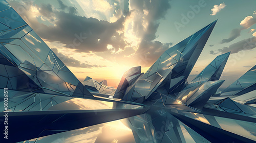An HD photo of a futuristic landscape, where angular, metallic structures mimic a high-tech city against a sunset, painted in cool tones of blue and grey photo