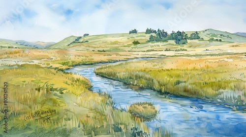 Calming watercolor landscape featuring a small brook winding through a quiet meadow, promoting a sense of gentle movement and tranquility © Alpha