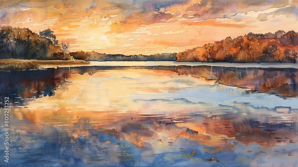 Calming watercolor of a quiet lake reflecting the sky at sunset, the warm colors blending smoothly to create a comforting environment