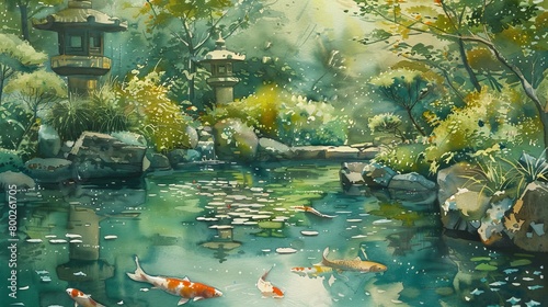 Calming watercolor of a Japanese garden with a koi pond, blending soft greens and water hues to foster a meditative space photo
