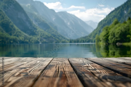 Scenic Summer Lake and Mountain View Reflected on Wooden Tabletop. Concept Summer Photography, Scenic Views, Water Reflections, Nature Tabletop Display