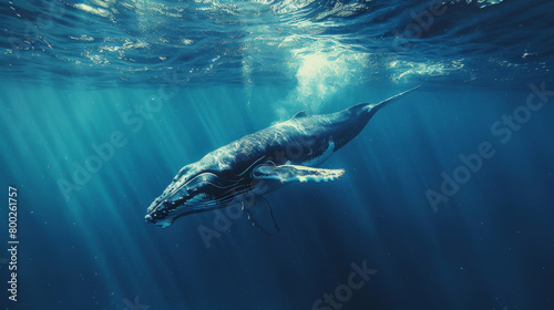 Majestic large whale swimming in open ocean waters. Wildlife. Marine life. Aquatic. Oceanic. photo