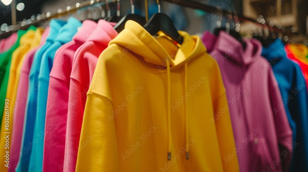 Fototapeta premium Colorful hoodies hang on hangers in clothing store