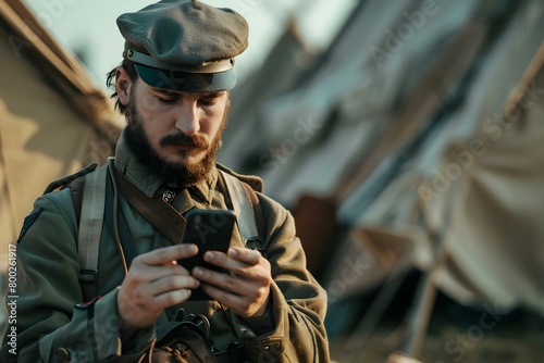 Soldier in historical reenactment using phone is outdated and unrealistic. Concept Historical Reenactment, Modern Technology, Authenticity, Outdated Practices, Unintended Anachronism photo
