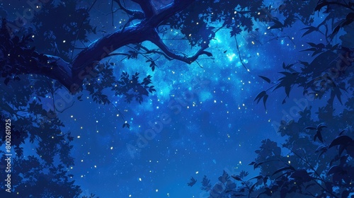 Develop a magical anime background with fireflies dancing around the branches