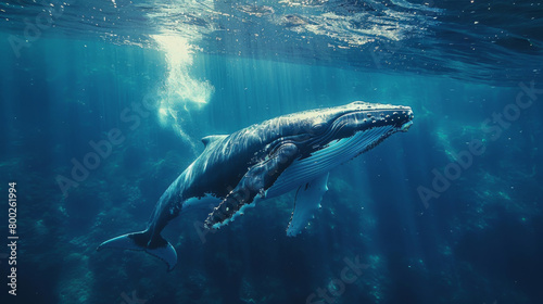 Majestic large whale swimming in open ocean waters. Wildlife. Marine life. Aquatic. Oceanic.