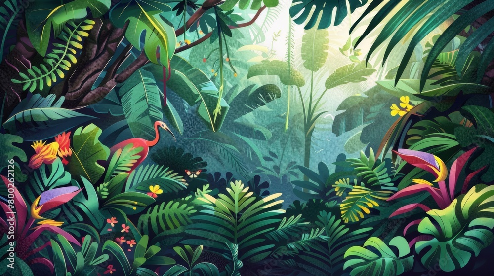 A digital illustration of a layered scene featuring different plants and animals found within the layers of a rainforest canopy.. A digital illustration of a layered scene featuring different plants and animals found within the layers of a rainforest canopy..