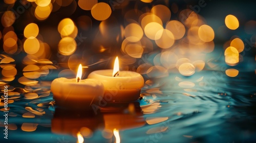Close up burning candles on the water