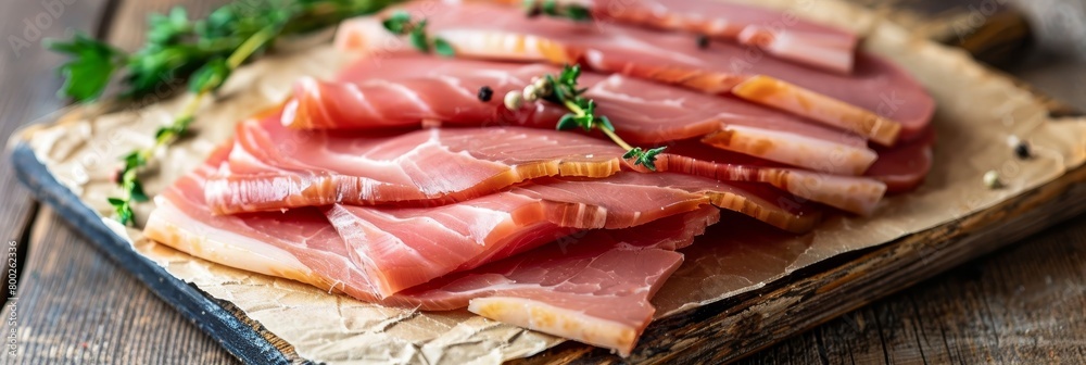 Assortment of finely sliced cured ham on vintage wooden table for delectable displays