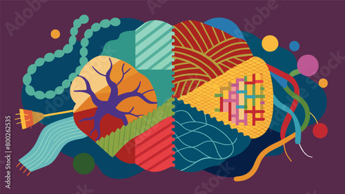 A textile piece incorporating embroidery fabric painting and weaving representing the intricate and interwoven nature of different neurodivergent. Vector illustration