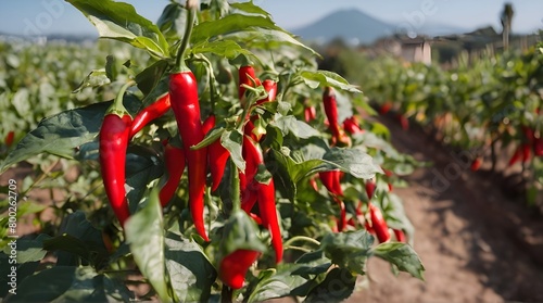 Lush Calabrian chili pepper plants in Italy, showcasing vibrant red ripe chili peppers ready for harvest under the Mediterranean sun. generative.ai photo