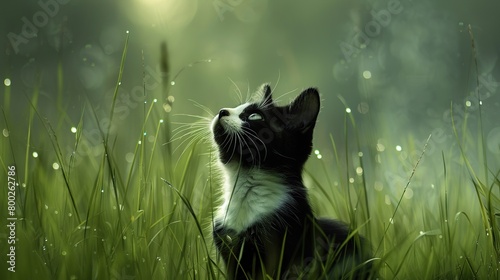 A black and white cat is sitting in a green grassy field, looking up at something.