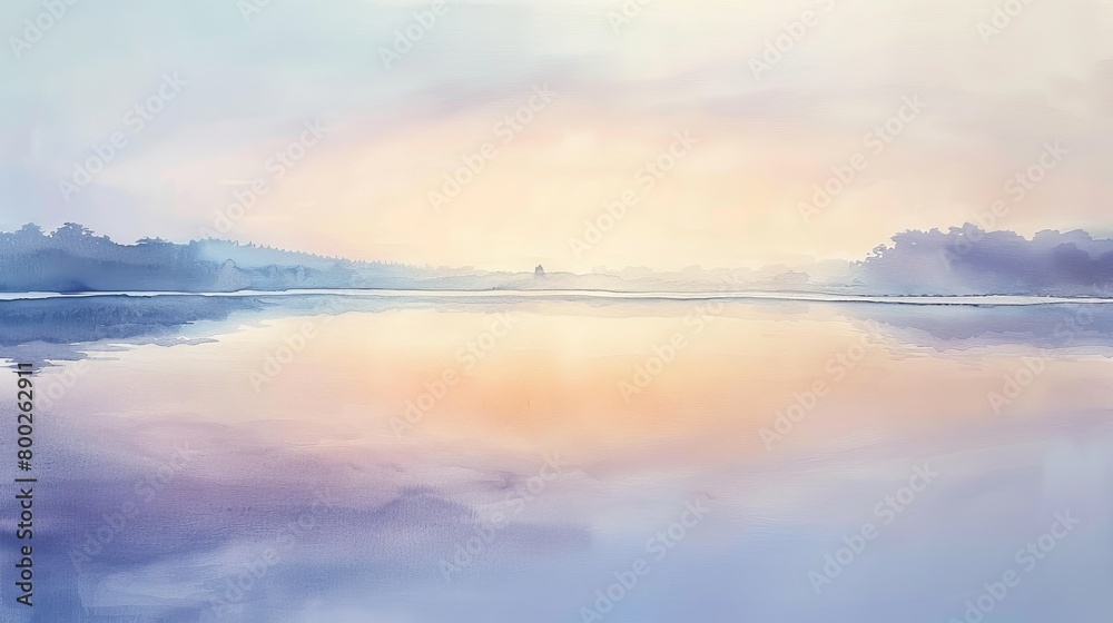Gentle watercolor of a soothing lake at dawn, soft pastels reflecting in the still water, promoting calmness and healing