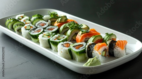 A platter of assorted vegan sushi, featuring avocado, cucumber, and carrot, elegantly arranged on a minimalist plate, studio lighting