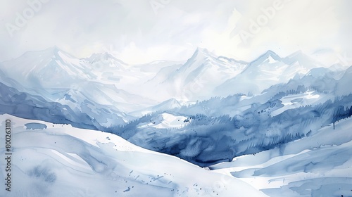 Delicate watercolor of a serene mountain vista, muted tones and broad, soothing strokes to comfort and calm viewers