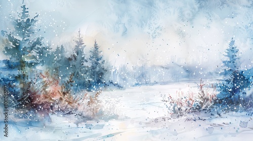 Delicate watercolor of a snowy landscape, the cool colors and soft falling snow creating a calm and serene clinic atmosphere