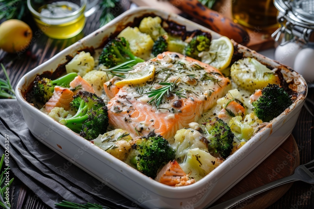 Delicious salmon and broccoli casserole with rosemary