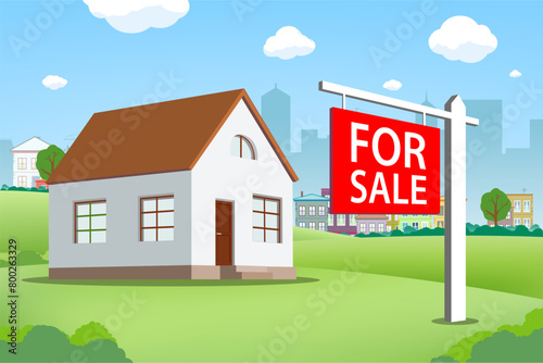 For sale sign in front of the house. Stock vector illustration