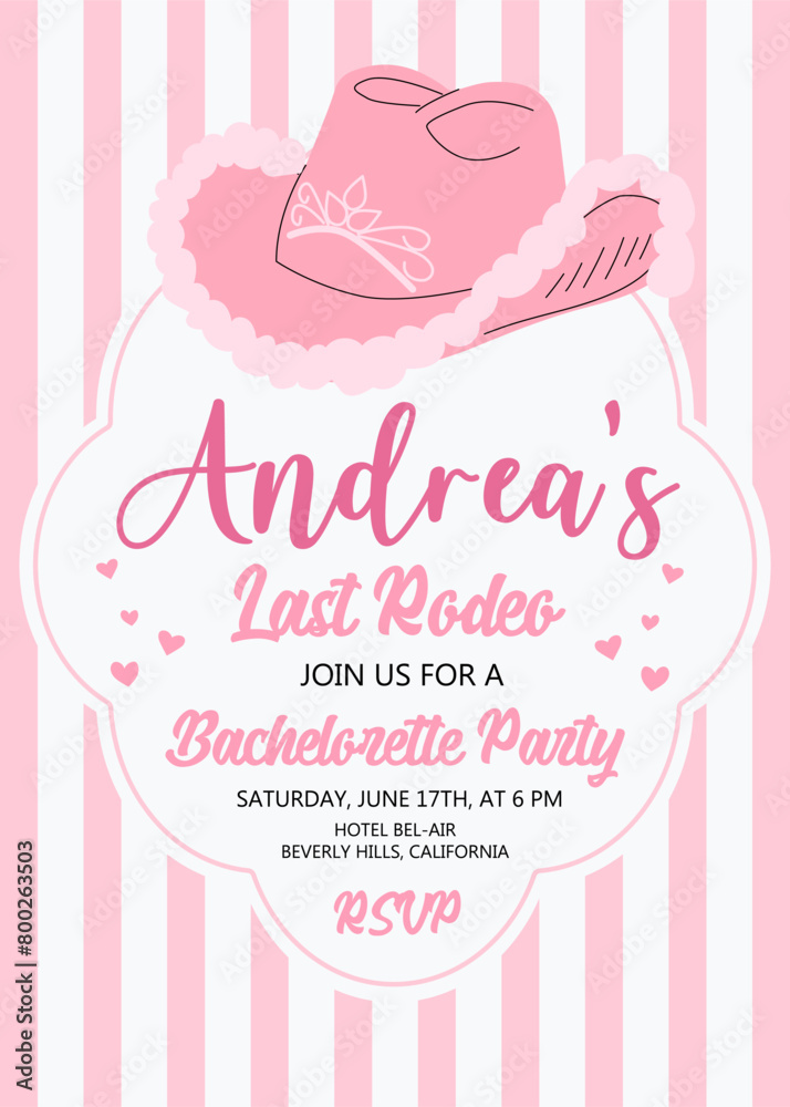 Hen Party invitation card. Last rodeo bachelorette party invitation template with pink cowgirl hat and bow. Cowgirl disco party. Wedding stationery. Coquette core cute trendy design.
