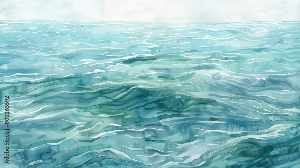 Detailed watercolor of the ocean's surface with subtle ripples, capturing the meditative quality of water, perfect for relaxation in medical spaces Detailed watercolor of the ocean's surface with subtle ripples, capturing the meditative quality of water, perfect for relaxation in medical spaces