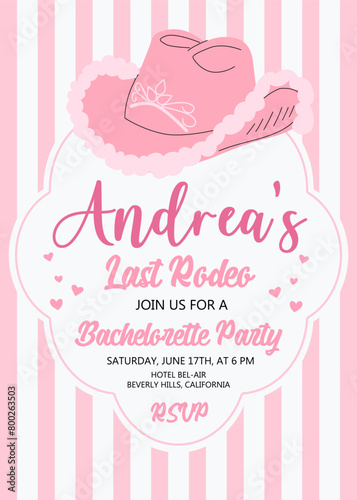 Hen Party invitation card. Last rodeo bachelorette party invitation template with pink cowgirl hat and bow. Cowgirl disco party. Wedding stationery. Coquette core cute trendy design.