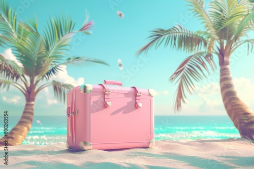 3d illustration suitcase with on the beach island travel vacation tourist summer holiday idea concept