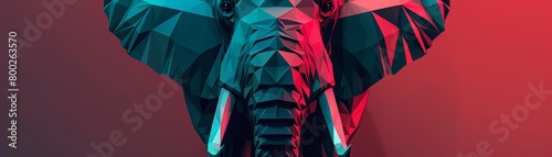 Design a minimalist polygonal elephant, focusing on its majestic tusks and large ears Highlight the eyes with a vibrant turquoise on the right and a rich ruby red on the left photo