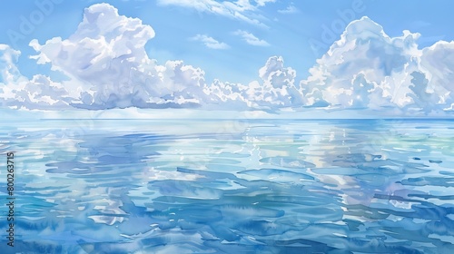 Detailed watercolor showing a gentle sea under a clear sky, the tranquil waters reflecting fluffy clouds above