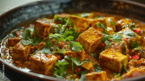 A mouth-watering close-up of a tofu curry, vibrant with fresh herbs and spices, in a sleek modern bowl, studio lighting accentuating the textures